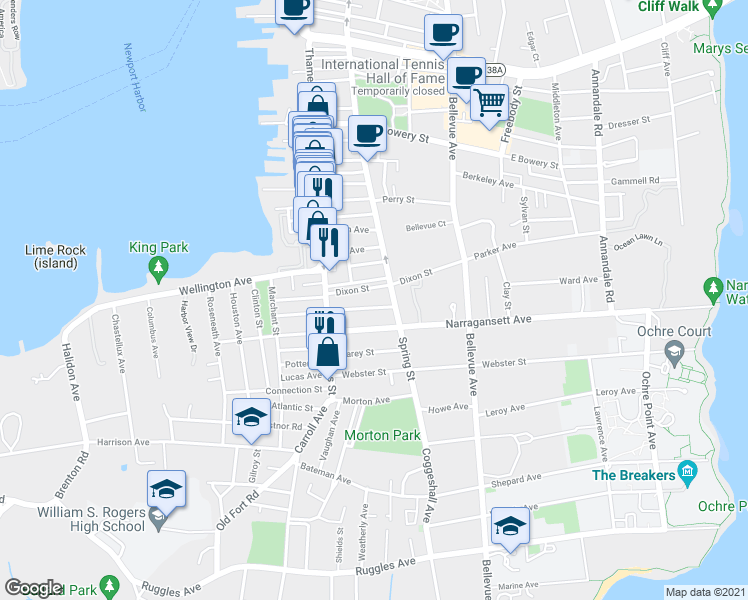 map of restaurants, bars, coffee shops, grocery stores, and more near 501 Spring Street in Newport