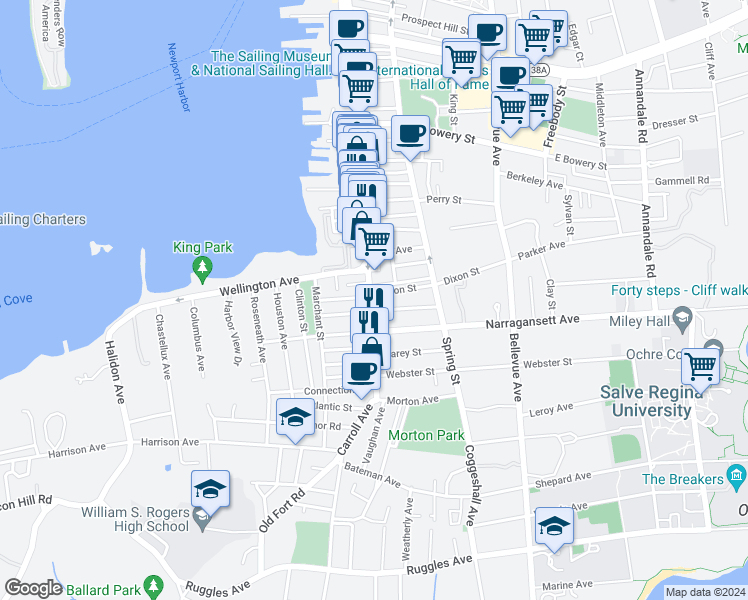 map of restaurants, bars, coffee shops, grocery stores, and more near 2 Sharon Court in Newport