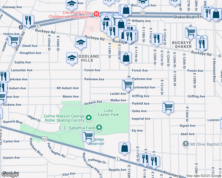 map of restaurants, bars, coffee shops, grocery stores, and more near 11309 Continental Avenue in Cleveland