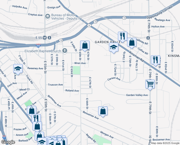map of restaurants, bars, coffee shops, grocery stores, and more near 6541 Newman Avenue in Cleveland