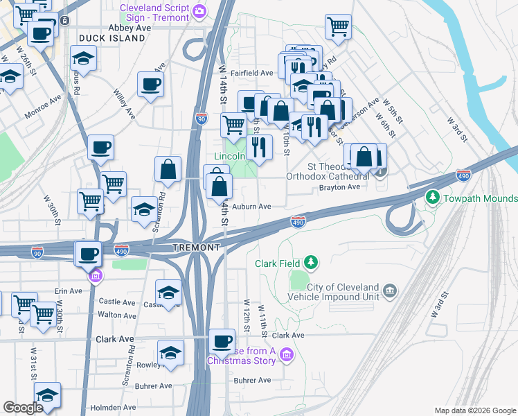 map of restaurants, bars, coffee shops, grocery stores, and more near 2603 West 11th Street in Cleveland
