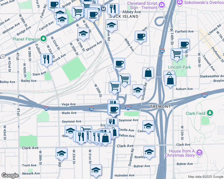 map of restaurants, bars, coffee shops, grocery stores, and more near 2612 West 27th Street in Cleveland