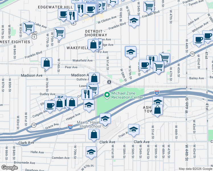 map of restaurants, bars, coffee shops, grocery stores, and more near 6204 Corona Court in Cleveland