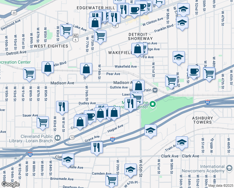 map of restaurants, bars, coffee shops, grocery stores, and more near 7007 Guthrie Avenue in Cleveland