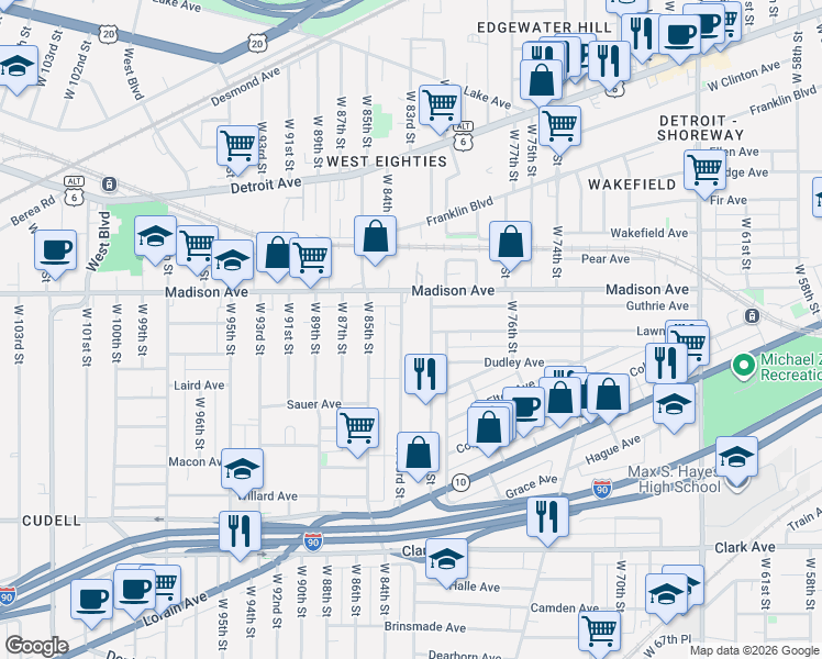 map of restaurants, bars, coffee shops, grocery stores, and more near 2020 West 81st Street in Cleveland