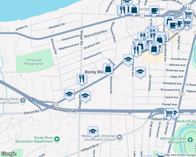 map of restaurants, bars, coffee shops, grocery stores, and more near 20729 Morewood Parkway in Rocky River