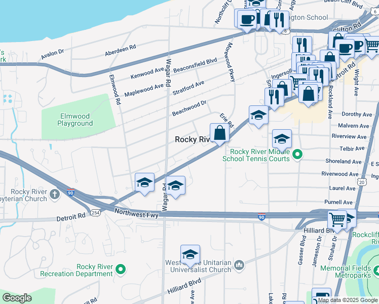 map of restaurants, bars, coffee shops, grocery stores, and more near in Rocky River