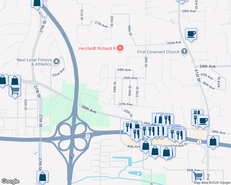 map of restaurants, bars, coffee shops, grocery stores, and more near 3521 34th Street in Moline