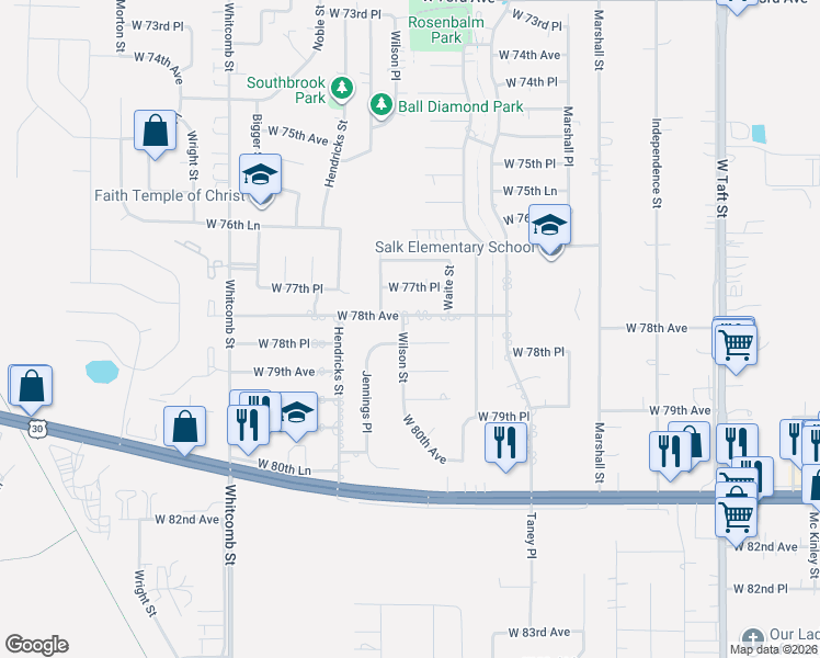 map of restaurants, bars, coffee shops, grocery stores, and more near 3328 West 78th Avenue in Merrillville