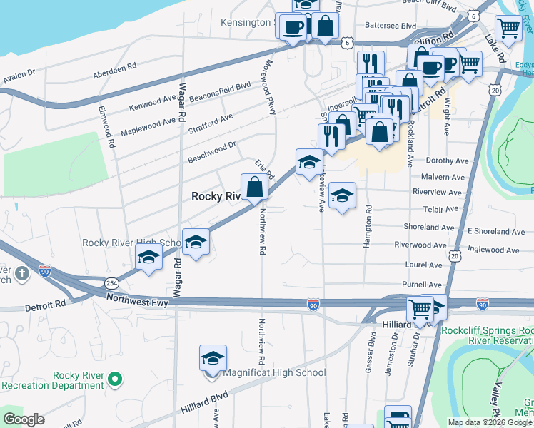map of restaurants, bars, coffee shops, grocery stores, and more near in Rocky River