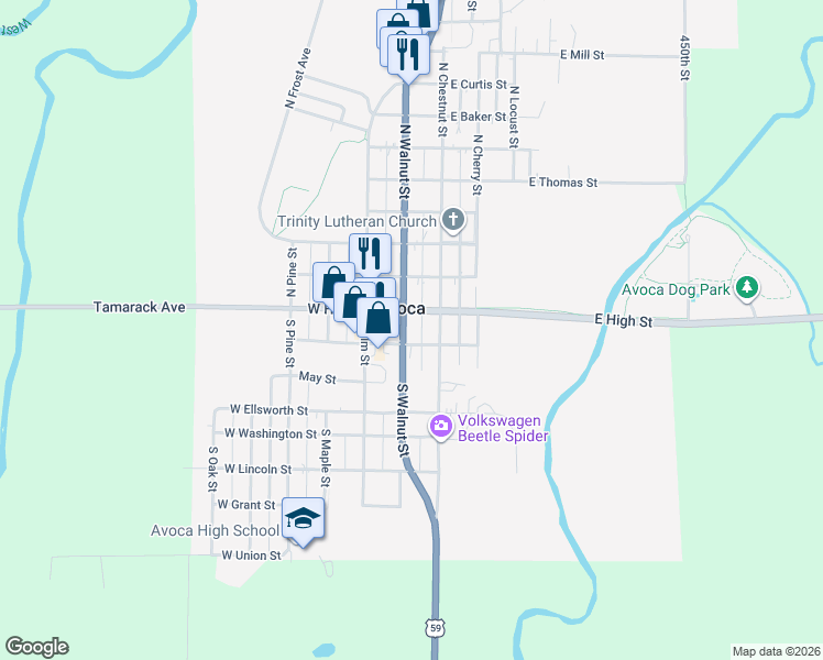 map of restaurants, bars, coffee shops, grocery stores, and more near 106 West High Street in Avoca