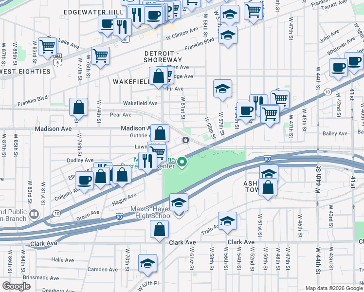 map of restaurants, bars, coffee shops, grocery stores, and more near 6113 Lawn Avenue in Cleveland