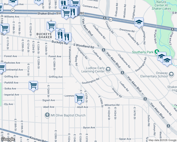 map of restaurants, bars, coffee shops, grocery stores, and more near 3037 Albion Road in Cleveland