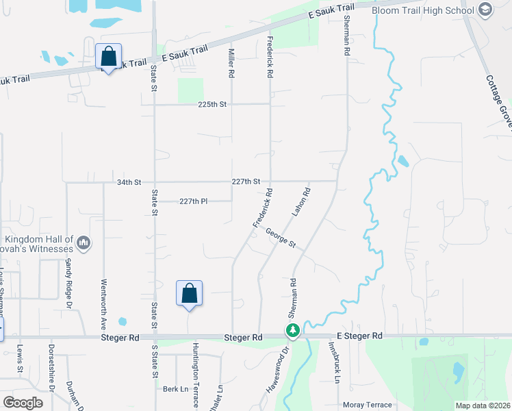 map of restaurants, bars, coffee shops, grocery stores, and more near 22729 Frederick Road in Steger