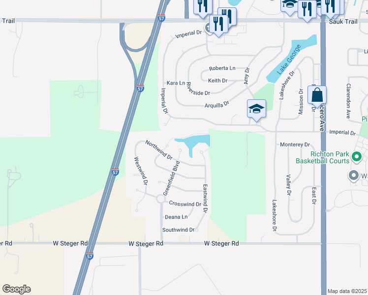map of restaurants, bars, coffee shops, grocery stores, and more near 22885 Westwind Drive in Richton Park