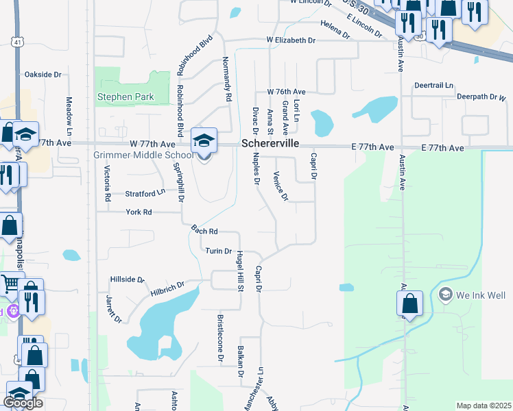map of restaurants, bars, coffee shops, grocery stores, and more near 130 Naples Court in Schererville