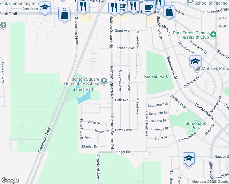 map of restaurants, bars, coffee shops, grocery stores, and more near 22727 Richton Square Road in Richton Park