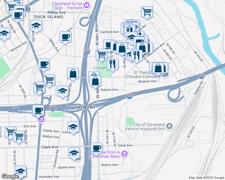 map of restaurants, bars, coffee shops, grocery stores, and more near West 11th Street in Cleveland