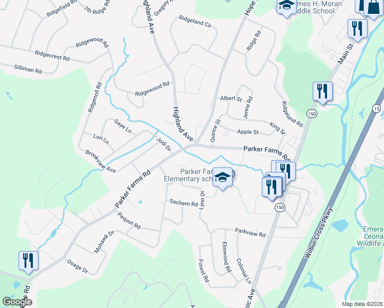 map of restaurants, bars, coffee shops, grocery stores, and more near 70 Parker Farms Road in Wallingford