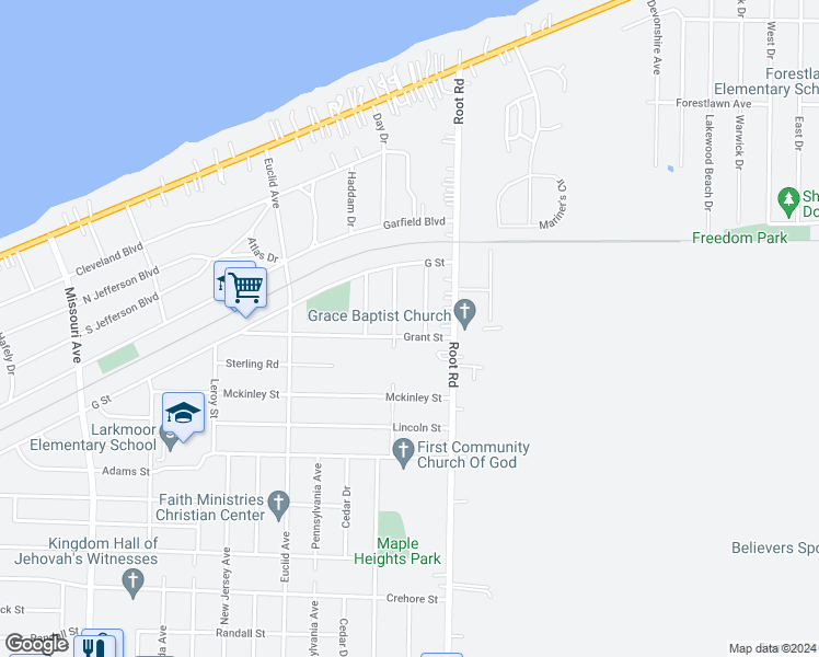 map of restaurants, bars, coffee shops, grocery stores, and more near 3343 Grant Street in Lorain