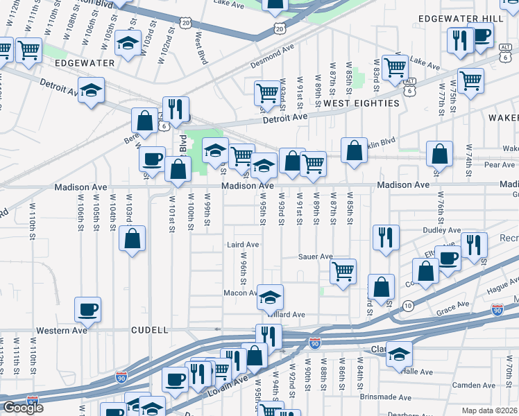map of restaurants, bars, coffee shops, grocery stores, and more near 2036 West 95th Street in Cleveland