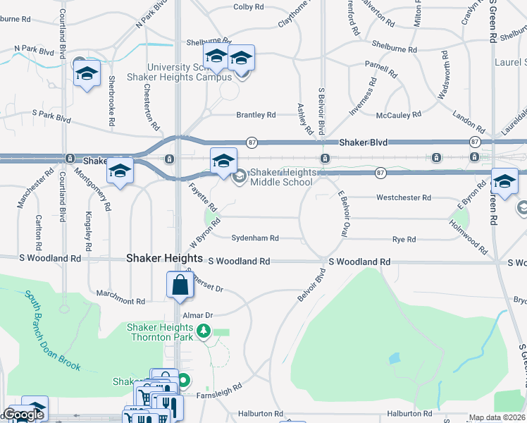 map of restaurants, bars, coffee shops, grocery stores, and more near 21149 West Byron Road in Shaker Heights