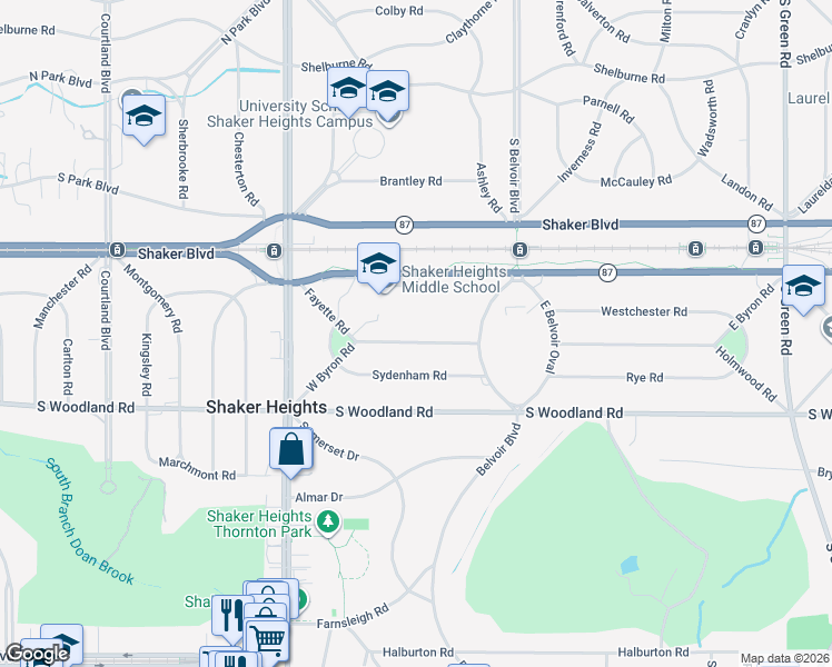 map of restaurants, bars, coffee shops, grocery stores, and more near 21149 West Byron Road in Shaker Heights