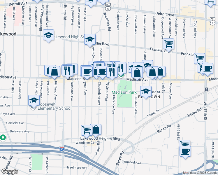 map of restaurants, bars, coffee shops, grocery stores, and more near 2013 Waterbury Road in Lakewood