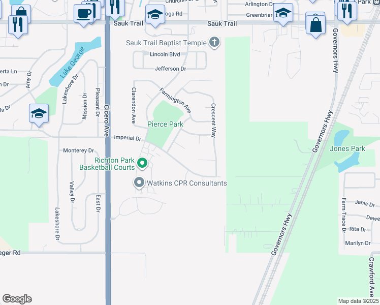 map of restaurants, bars, coffee shops, grocery stores, and more near 4436 Stacey Court in Richton Park