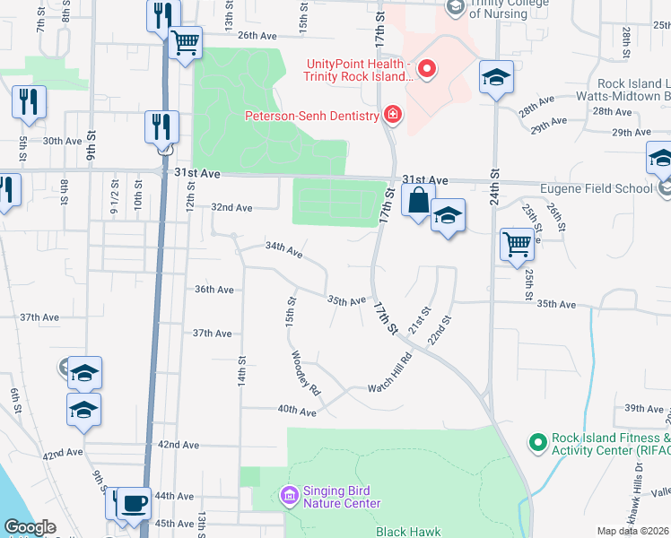 map of restaurants, bars, coffee shops, grocery stores, and more near 1604 33rd Avenue Court in Rock Island
