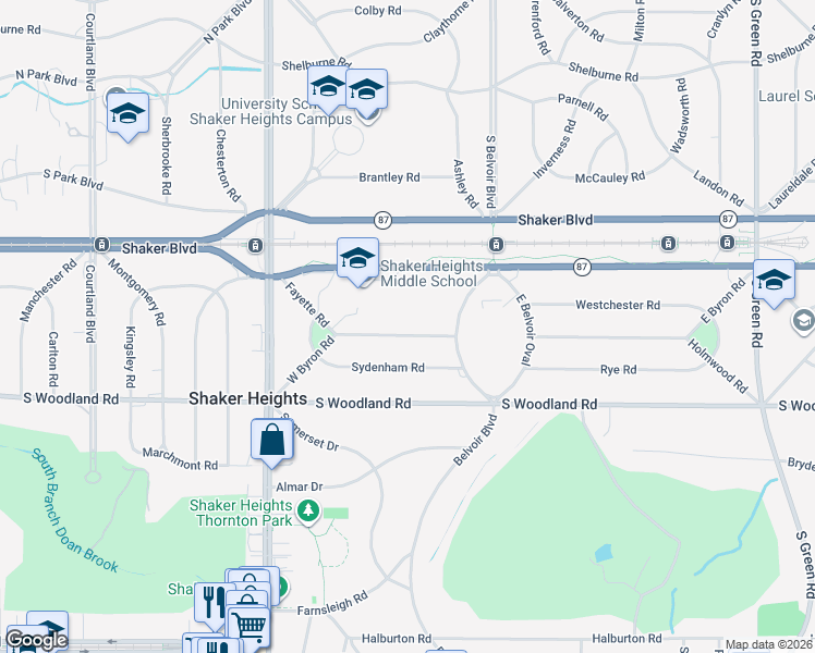 map of restaurants, bars, coffee shops, grocery stores, and more near 21149 West Byron Road in Shaker Heights