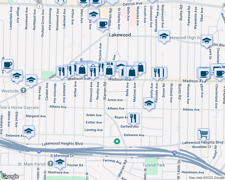 map of restaurants, bars, coffee shops, grocery stores, and more near 14609 Madison Avenue in Lakewood