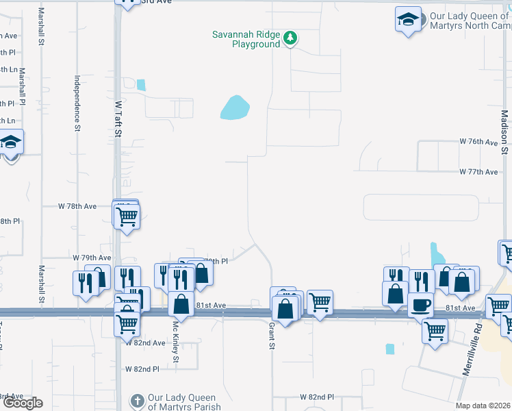 map of restaurants, bars, coffee shops, grocery stores, and more near 7722 Grant Street in Merrillville