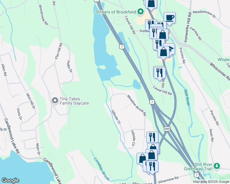 map of restaurants, bars, coffee shops, grocery stores, and more near 65 Meadow Brook Road in Brookfield