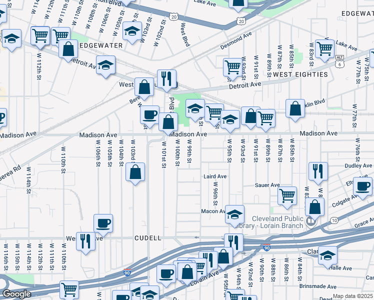map of restaurants, bars, coffee shops, grocery stores, and more near 2022 West 98th Street in Cleveland