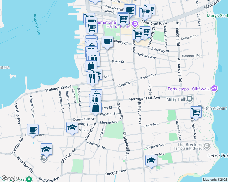 map of restaurants, bars, coffee shops, grocery stores, and more near 501 Spring Street in Newport