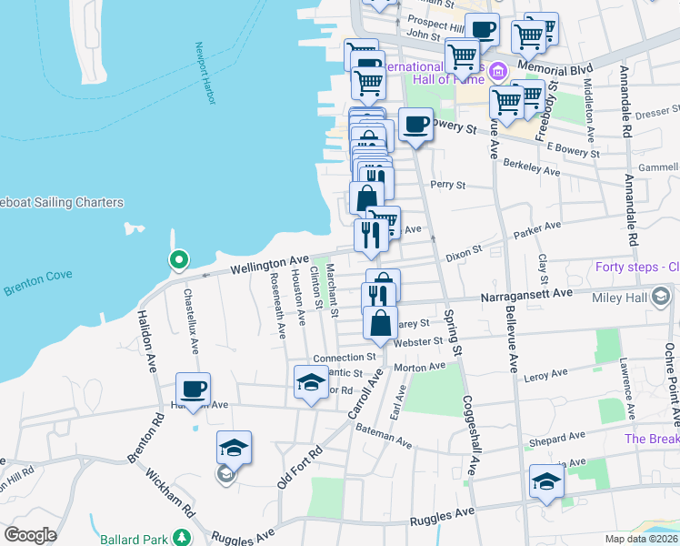map of restaurants, bars, coffee shops, grocery stores, and more near 1 Marchant Street in Newport