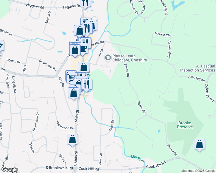 map of restaurants, bars, coffee shops, grocery stores, and more near 55 Brittany Court in Cheshire