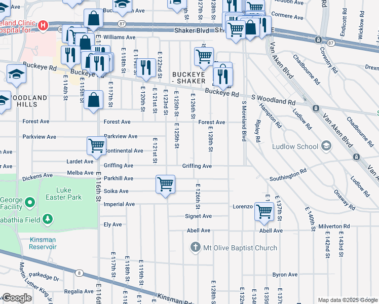map of restaurants, bars, coffee shops, grocery stores, and more near 3026 East 126th Street in Cleveland