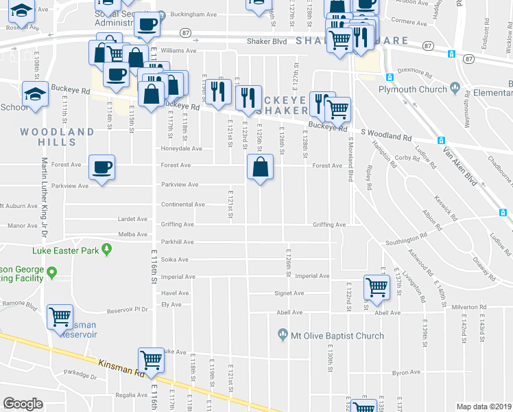 map of restaurants, bars, coffee shops, grocery stores, and more near 3025 East 123rd Street in Cleveland