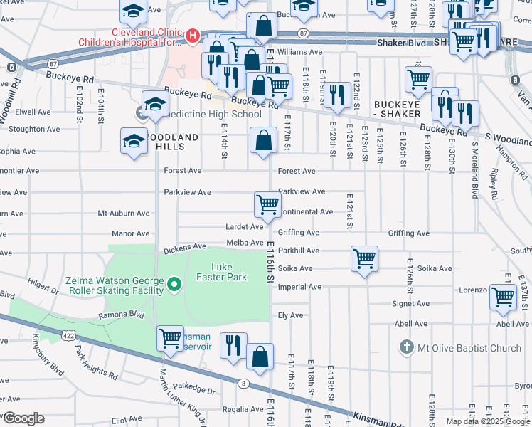 map of restaurants, bars, coffee shops, grocery stores, and more near in Cleveland