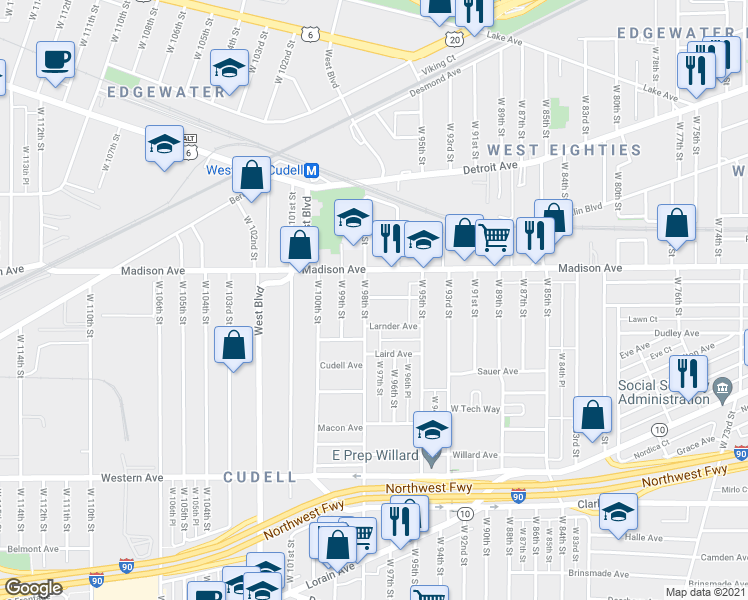 map of restaurants, bars, coffee shops, grocery stores, and more near 9618 Kirkwood Avenue in Cleveland