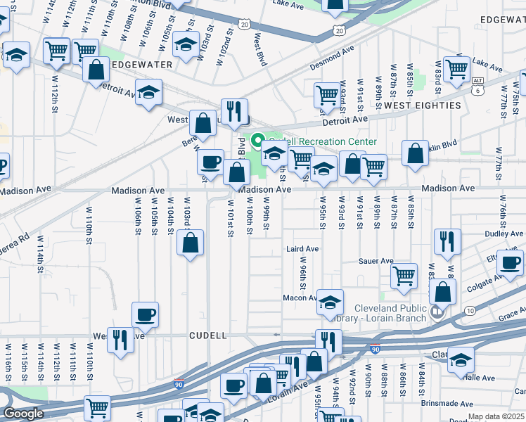 map of restaurants, bars, coffee shops, grocery stores, and more near in Cleveland