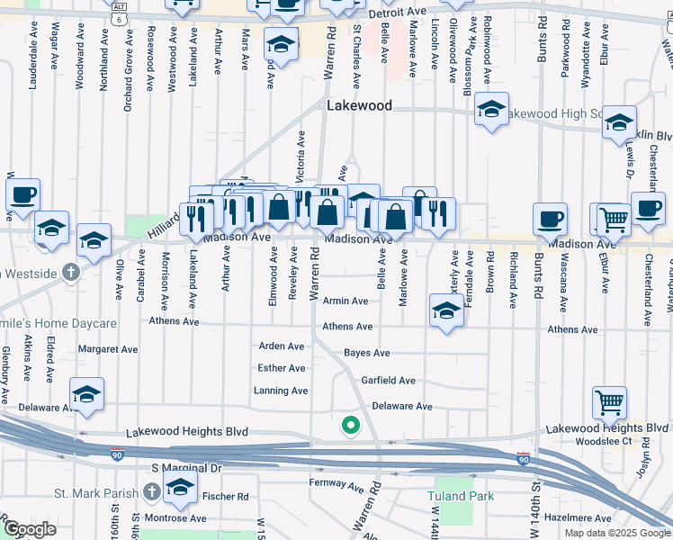 map of restaurants, bars, coffee shops, grocery stores, and more near 14609 Madison Avenue in Lakewood