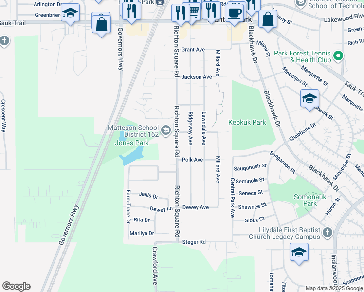 map of restaurants, bars, coffee shops, grocery stores, and more near 22711 Richton Square Road in Richton Park