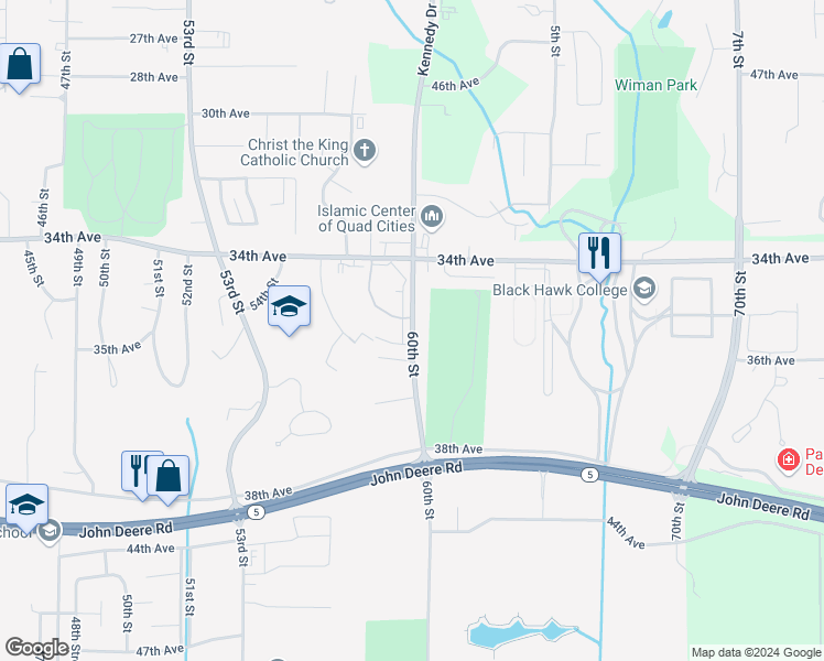 map of restaurants, bars, coffee shops, grocery stores, and more near 3441 60th Street in Moline