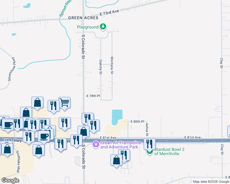 map of restaurants, bars, coffee shops, grocery stores, and more near 7743 Montana Street in Merrillville