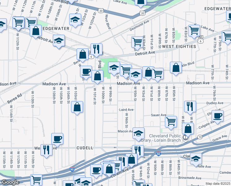 map of restaurants, bars, coffee shops, grocery stores, and more near 2022 West 98th Street in Cleveland