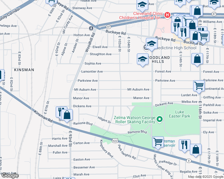 map of restaurants, bars, coffee shops, grocery stores, and more near Mount Auburn Avenue in Cleveland