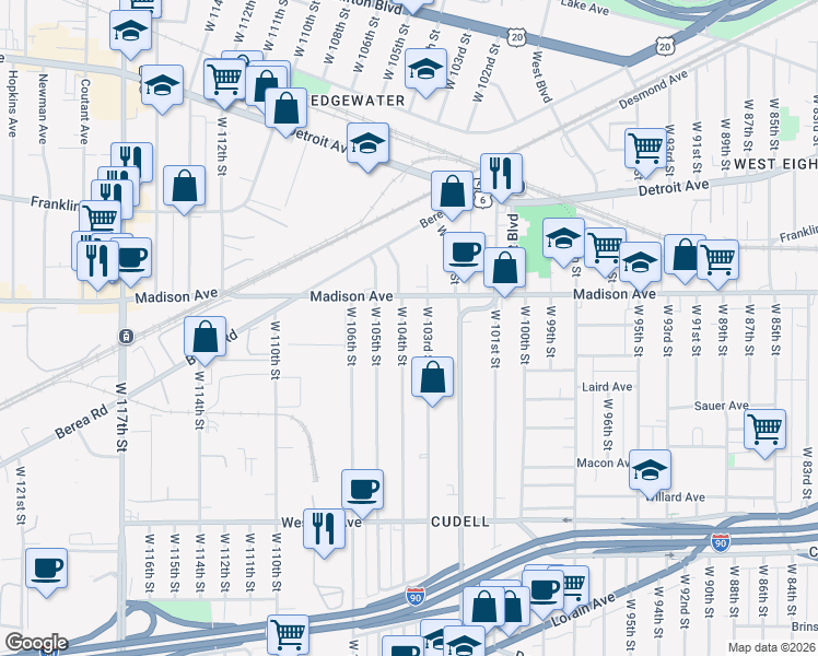 map of restaurants, bars, coffee shops, grocery stores, and more near 2017 West 104th Street in Cleveland